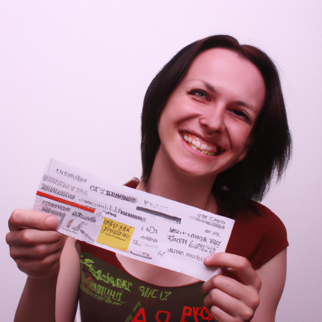Person holding airline ticket, smiling