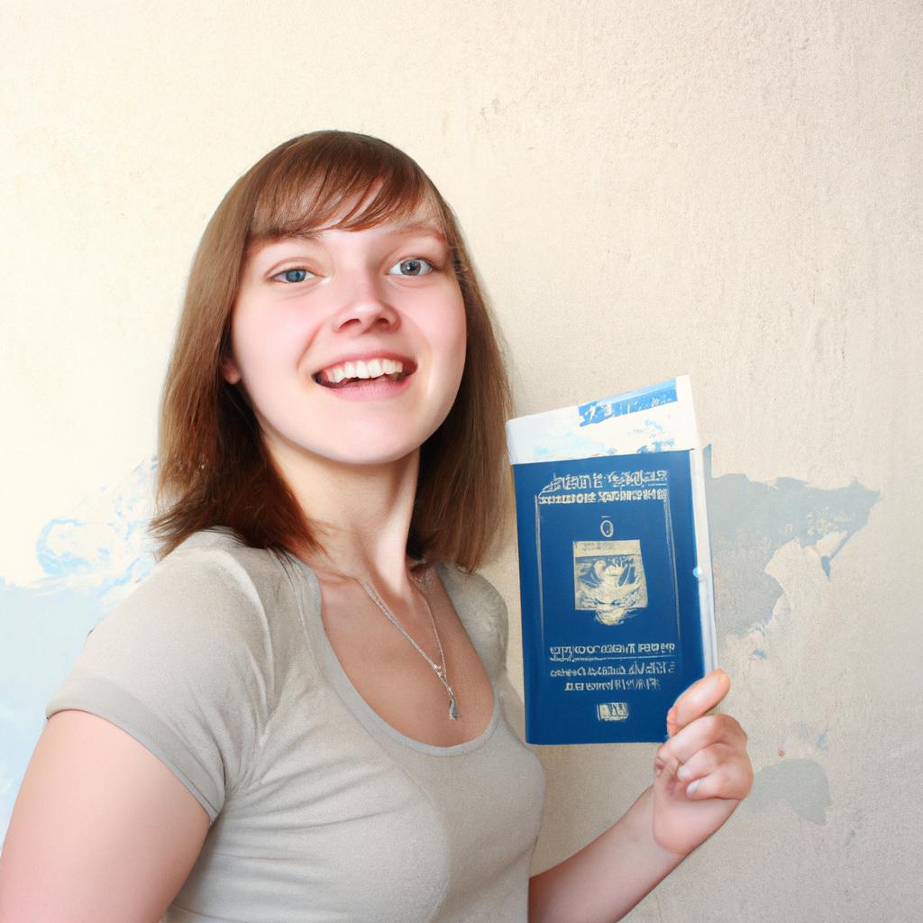 Person holding travel documents, smiling